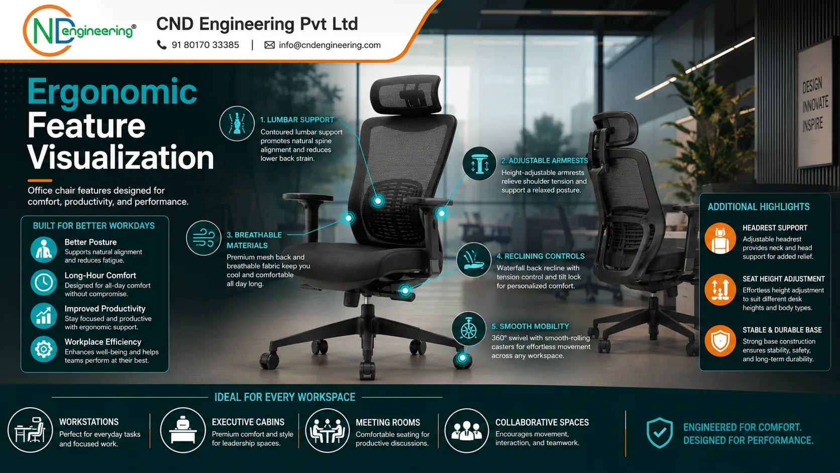 Ergonomic feature visualization showing lumbar support, adjustable armrests, breathable materials, reclining controls, and mobility.