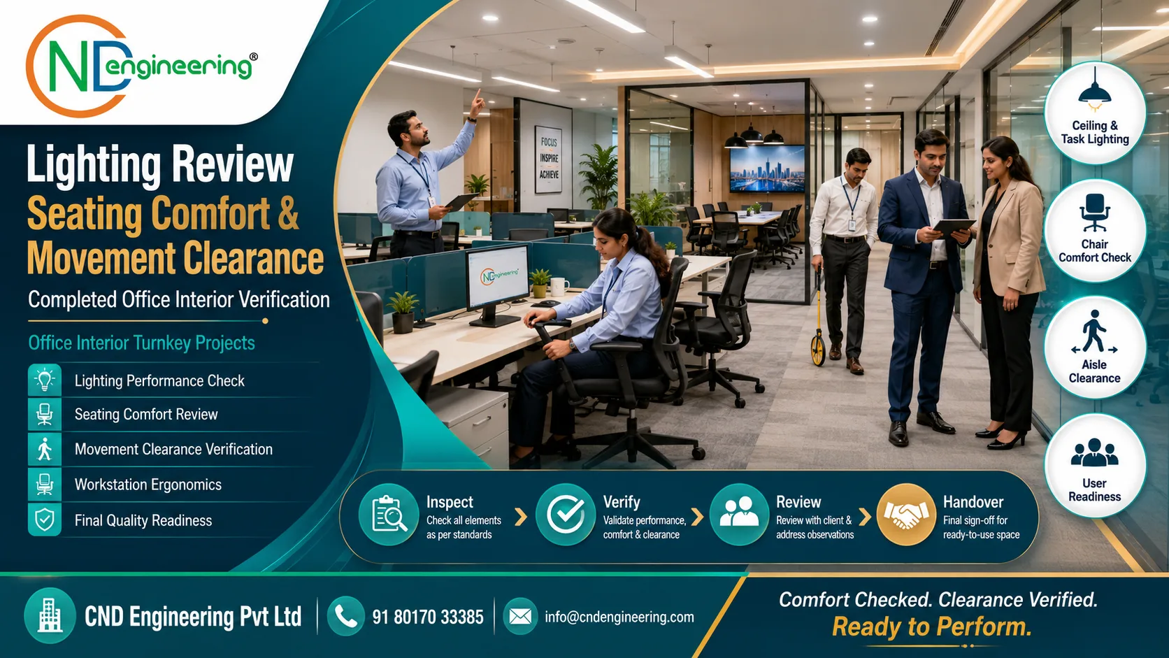 Lighting review seating comfort and movement clearance verification in completed office interior