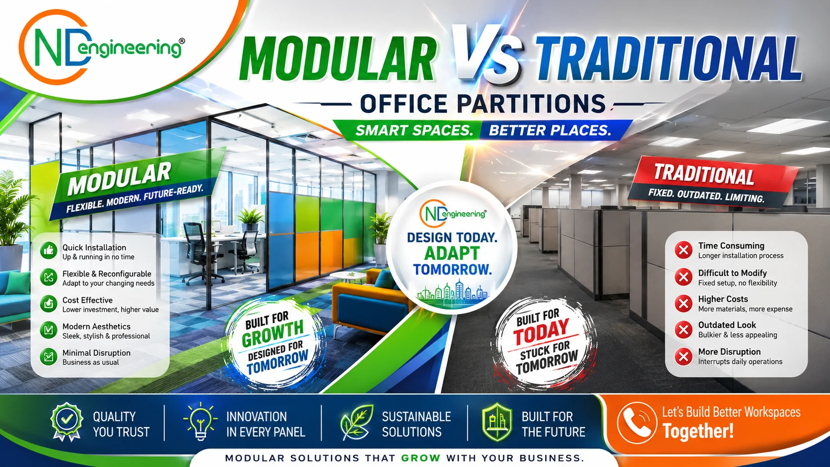 CND Engineering Modular vs Traditional Office Partitions branded visual