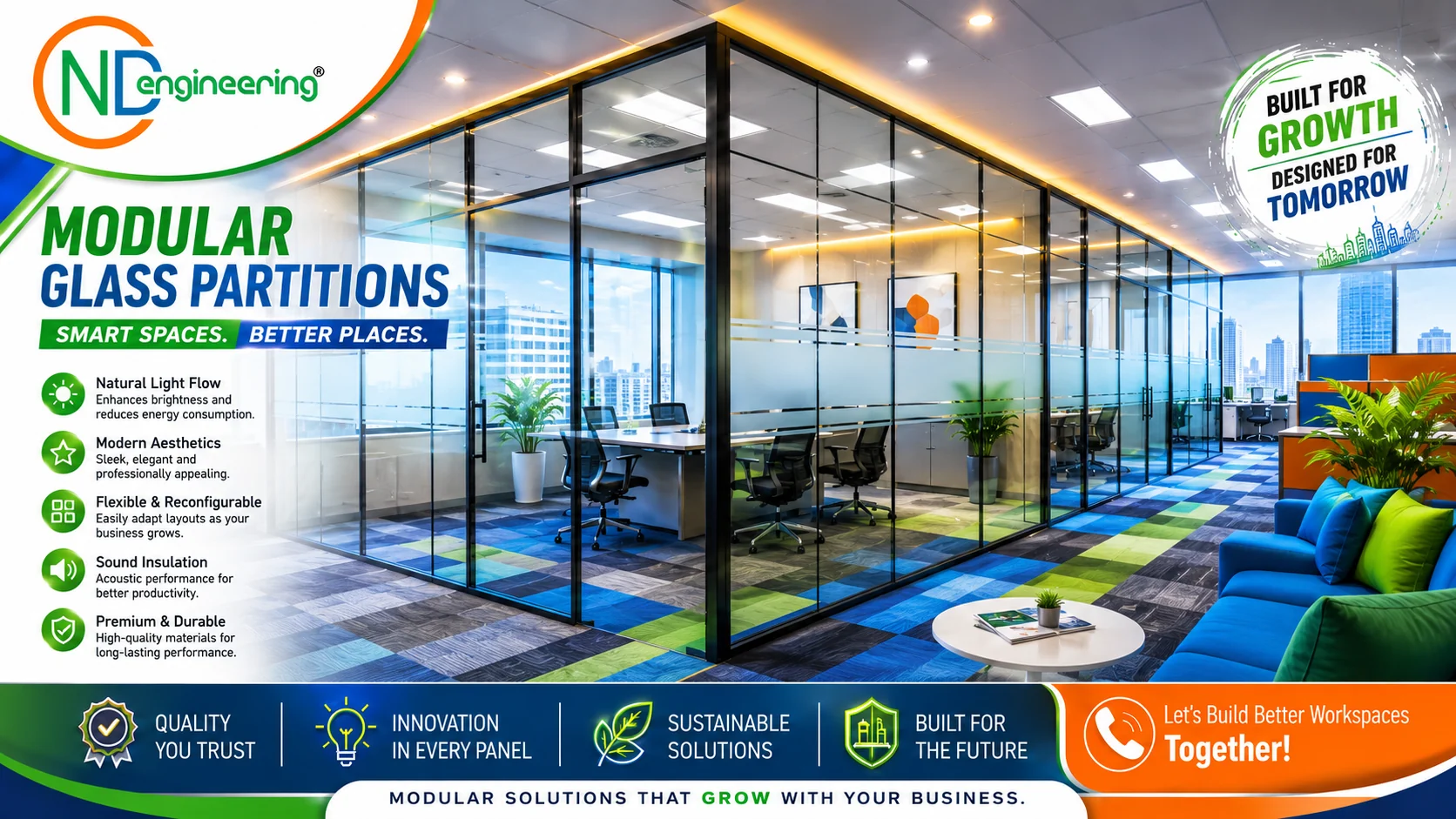 Modular Glass Partition Visual showing modern glass office partitions, modular cabins, and collaborative workspace zoning