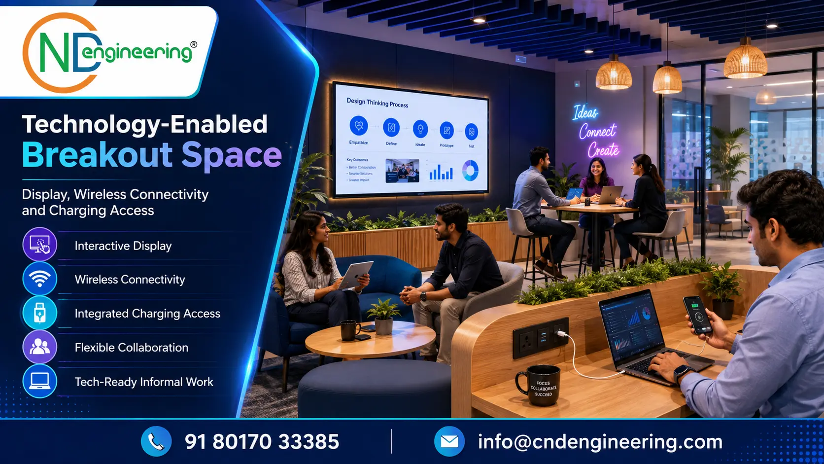 Technology-enabled breakout space with display, wireless connectivity and charging access